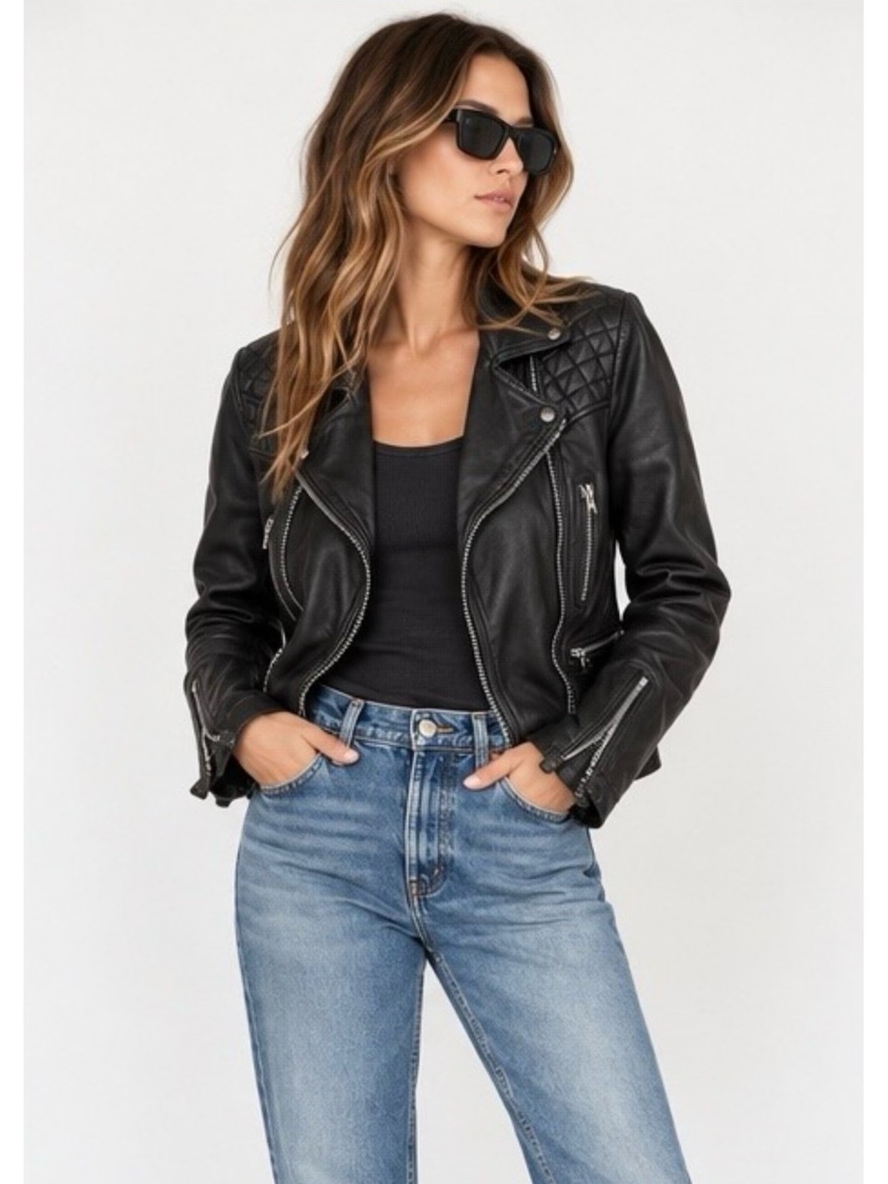 AllSaints Spitalfields XS Black Leather Quilted Moto Biker Jacket Distressed